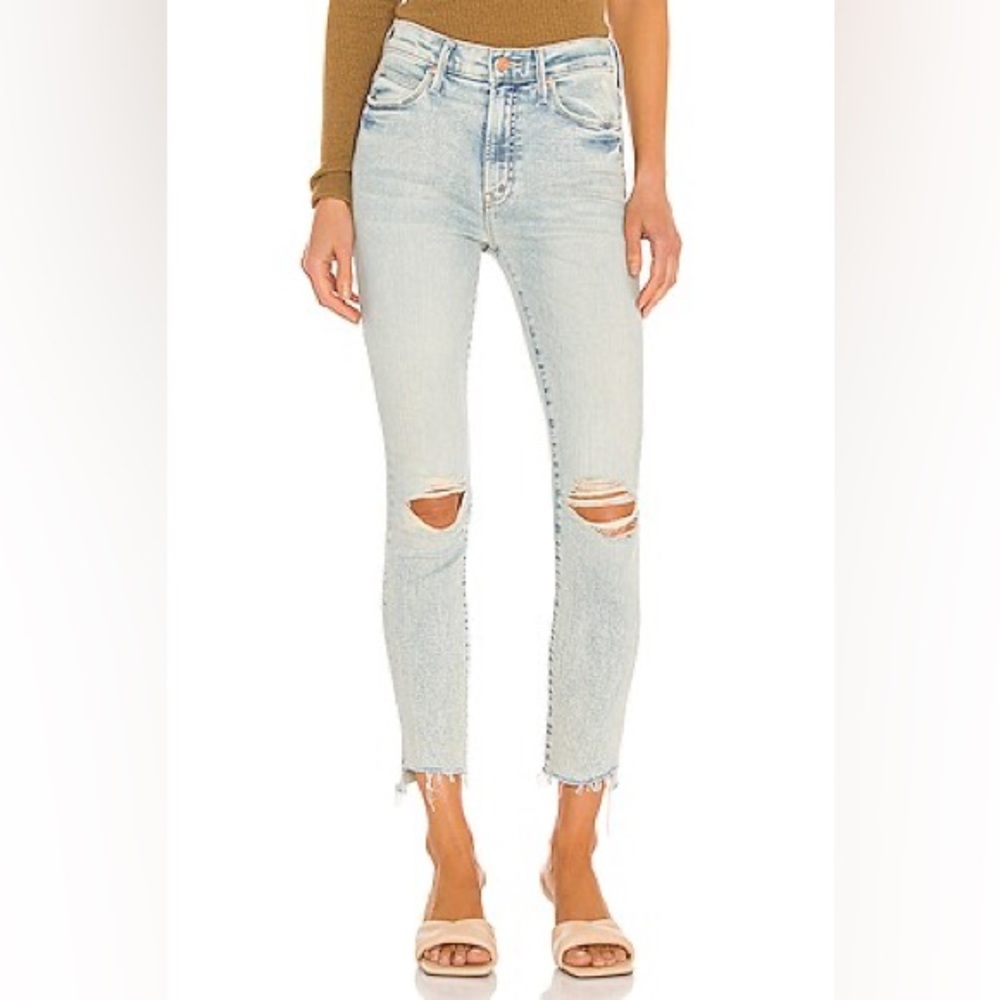 MOTHER The Stunner Zip Ankle Step Fray Jeans Rolling in the Bushes Denim Sz 27